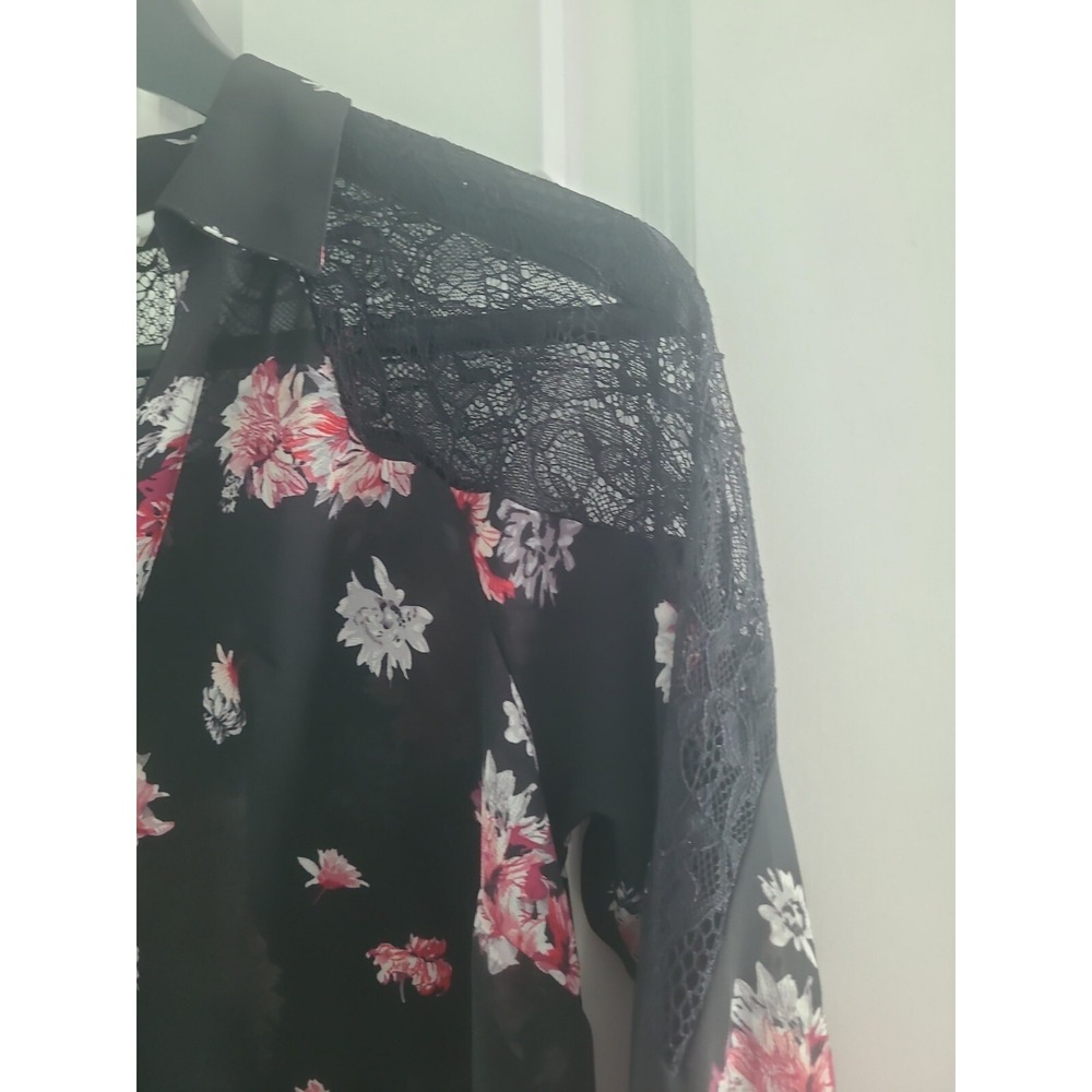 Lauren Conrad women's floral button top XS long sleeve with lace accent black - Picture 10 of 11